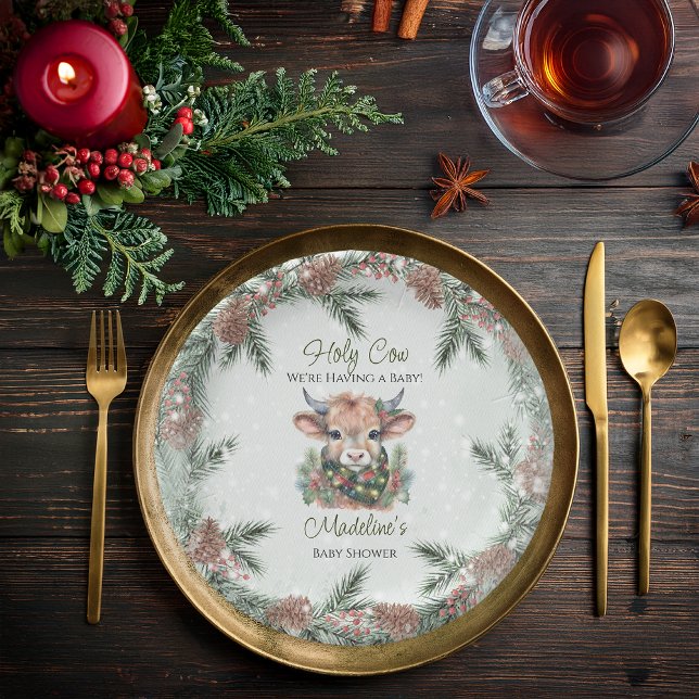Winter Holiday Highland Heilige Kuh Baby Dusche Pappteller (Winter Holiday Highland "Holy Cow" Evergreen Baby Shower Paper Plates)