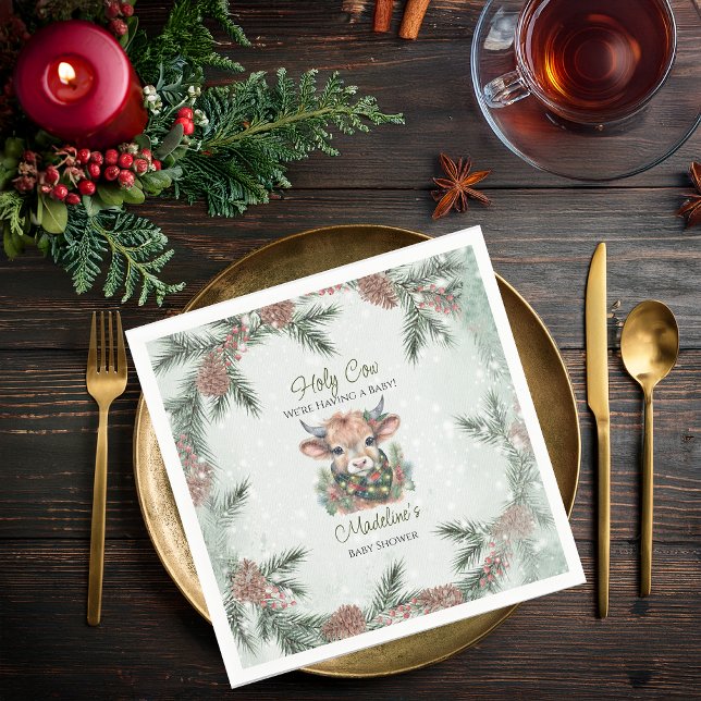 Winter Holiday Highland Heilige Kuh Baby Dusche Serviette (Winter Holiday Highland "Holy Cow" Evergreen Baby Shower Paper Napkins)