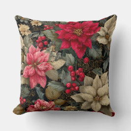 Winter Holiday Poinsettias And Berries Floral Kissen