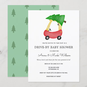 Winter Holiday Red Car Drive by Baby Dusche Einladung