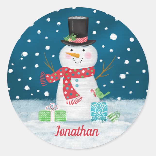 Winter Holiday Snowman Weihnachtsaufkleber Runder Aufkleber (Vorderseite)