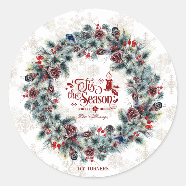 Winter Holiday Wreath 'Das ist die Jahreszeit Mong Runder Aufkleber (Vorderseite)