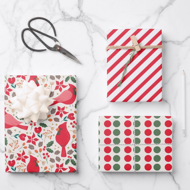 Winter Holidays Kardinal Wrapping Paper Set 3 Geschenkpapier Set (Vorderseite)