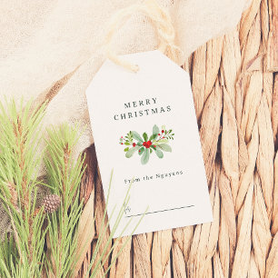 Winter Holly & Pine Weihnachtsgrüße Familienname Geschenkanhänger