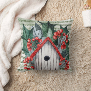 Winter Holly und Birdhouse Wasserfarbe Kissen