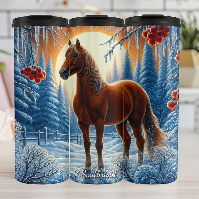 Winter Horse Snowy Forest Sunset Thermosbecher (Von Creator hochgeladen)