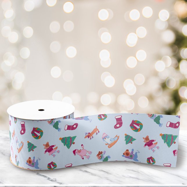Winter Hunde Ice Skaten Pattern Soft Blue Ripsband (Von Creator hochgeladen)