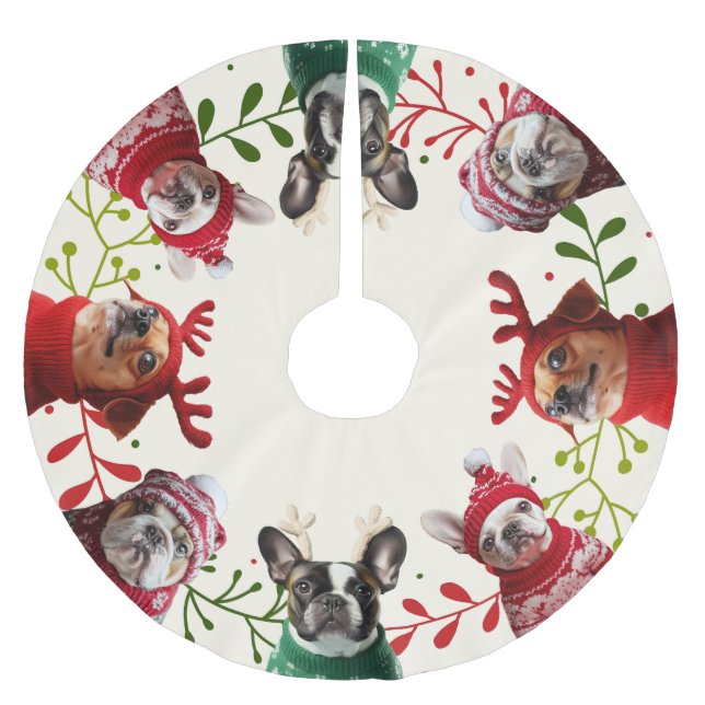 Winter Hunde Rot & Grün auf Creme Tree Skirt Polyester Weihnachtsbaumdecke (Vorderseite)