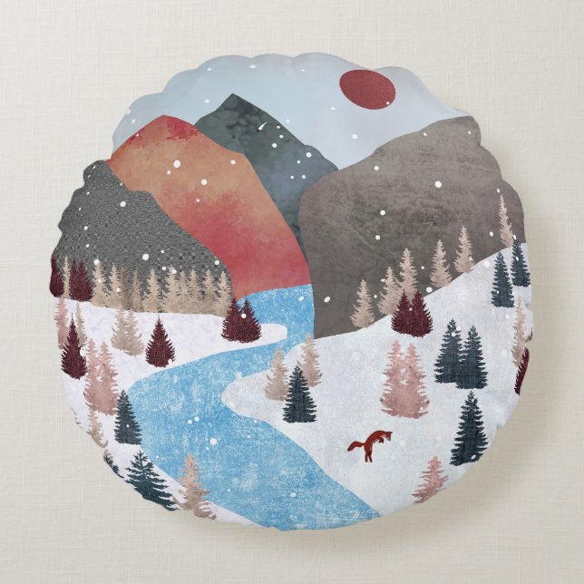 Winter Hunting Fox Rundes Kissen (Vorderseite)