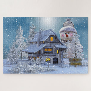Winter Hütte und Schneemann Weihnachten