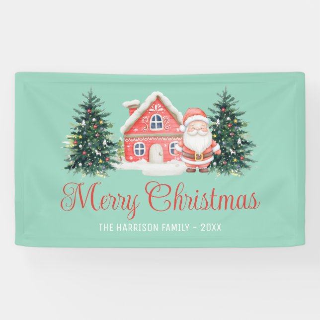 Winter Hütte Weihnachtsbaumen Santa Green Banner (Horizontal)