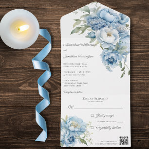 Winter Ice Blue Flowers auf White QR Code All In One Einladung