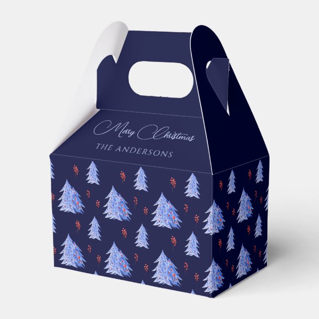 Winter Ice Blue Trees Holly Berries Navy Weihnacht Geschenkschachtel (Vorderseite)