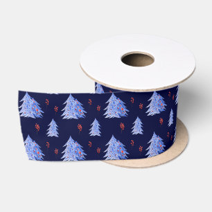 Winter Ice Blue Trees Holly Berries Navy Weihnacht Satinband