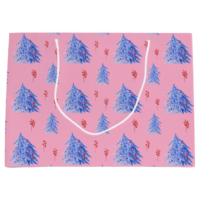 Winter Ice Blue Trees Holly Berries Pink Weihnacht Große Geschenktüte (Vorderseite)