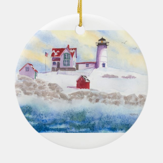 Winter im Nubble LIghthouse in Maine Keramikornament (Hinten)