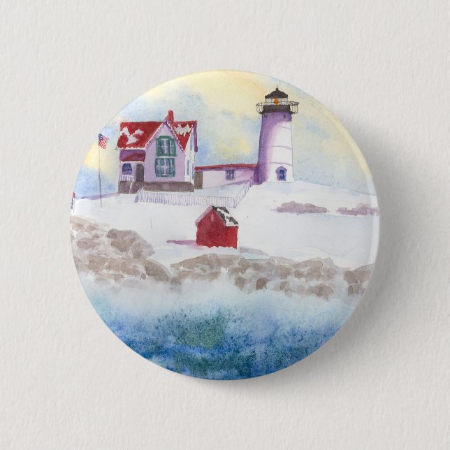 Winter im Nubble LIghthouse in Maine Round Sticker Button (Vorderseite)