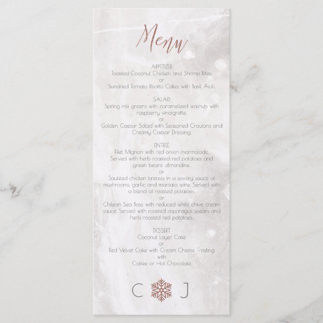 Winter Imitats Rose Gold Snowflakes Hochzeitmenü Menükarte (Vorderseite)