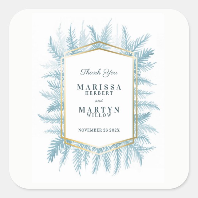 Winter immergrüne blaue Gastgeschenk Hochzeit Quadratischer Aufkleber (Vorderseite)
