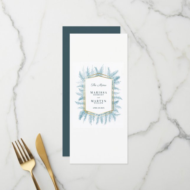 Winter immergrünes Blattwerk Blaue Hochzeit Menükarte (Vorderseite/Rückseite Beispiel)