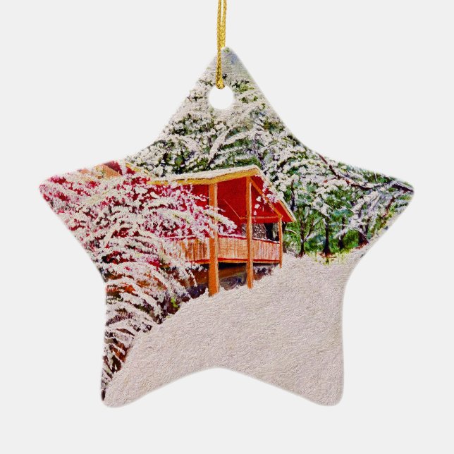 "Winter in der kleinen Roten Hütte" Bekleidung. Keramik Ornament (Vorne)