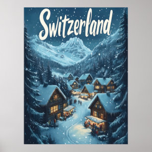 Winter in der Schweiz: Dorfszene in den Bergen Poster