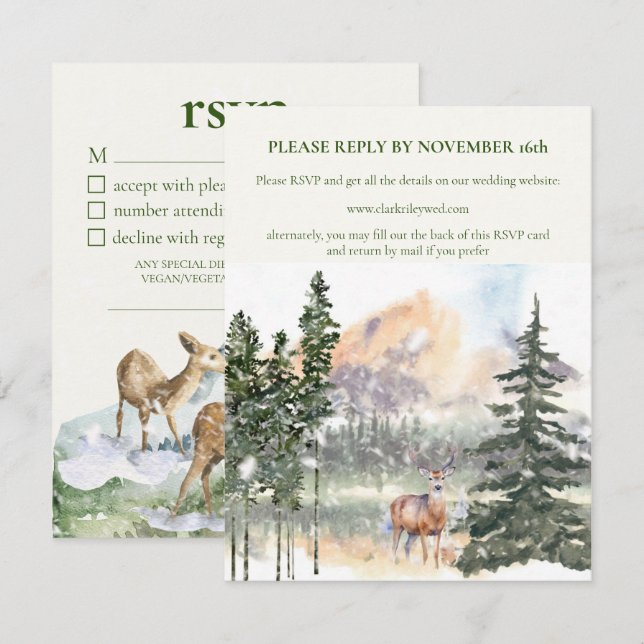 Winter in Evergreen Forest RSVP Card Ankündigung (Vorne/Hinten)