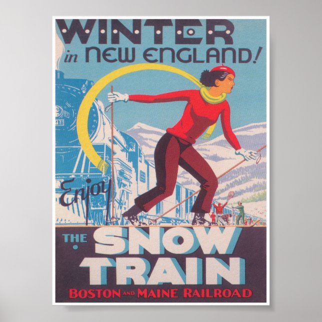 Winter in Neuengland, Schneezug, Vintager Ski Poster (Vorne)