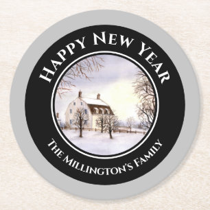 Winter in Neuengland Weihnachts Schwarzer grauer K Runder Pappuntersetzer