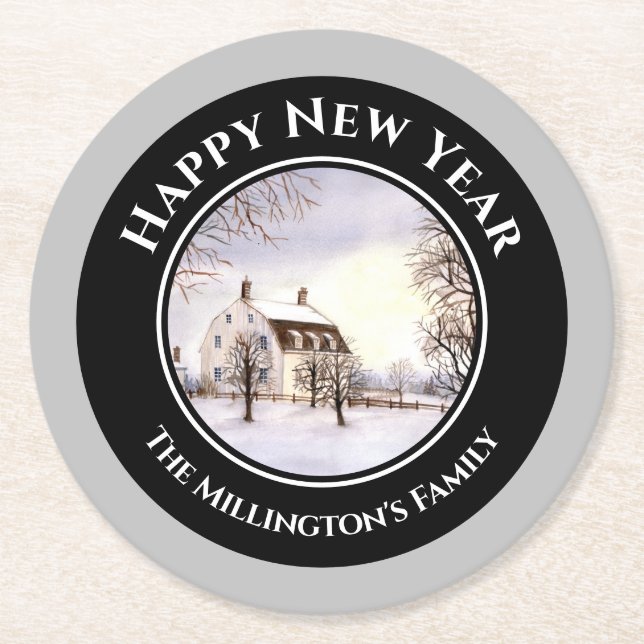 Winter in Neuengland Weihnachts Schwarzer grauer K Runder Pappuntersetzer (Vorderseite)