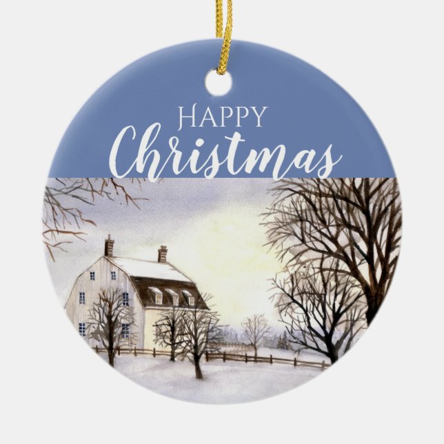 Winter in New England Aquarellmalerei Keramik Ornament (Vorne)