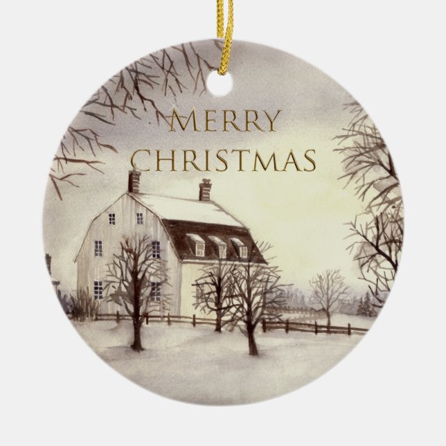 Winter in New England Aquarellmalerei Keramik Ornament (Vorne)