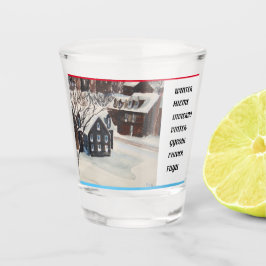 Winter in sieben Sprachen geschrieben Schnapsglas