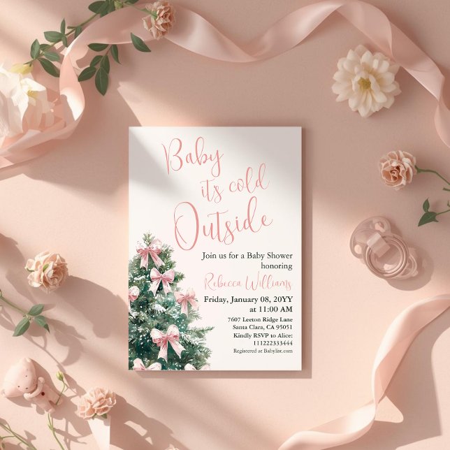 Winter It's Cold Outside Pink Bow Girl Baby Shower Einladung (Von Creator hochgeladen)