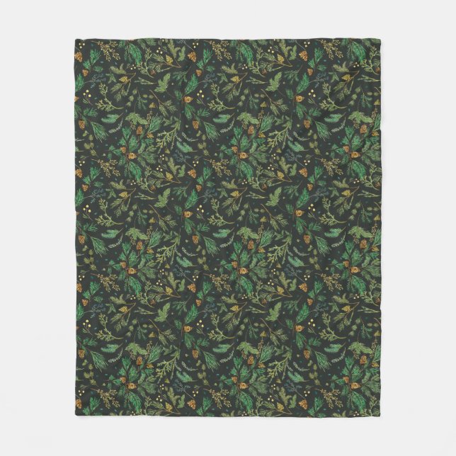 Winter Juniper Pine auf schwarzem Background Blank Fleecedecke (Vorderseite)