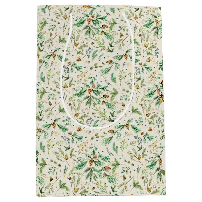 Winter Juniper Pine on Off White Gift Bag Mittlere Geschenktüte (Vorderseite)