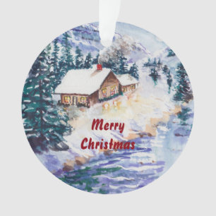 Winter-Kabine auf dem Fluss Painterly Snowscape Ornament
