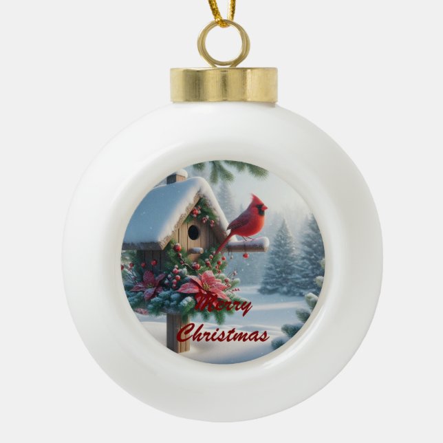 Winter Kardinal auf einem festlichen Geburtshaus Keramik Kugel-Ornament (Vorderseite)