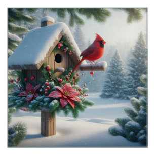 Winter Kardinal auf einem festlichen Geburtshaus Poster
