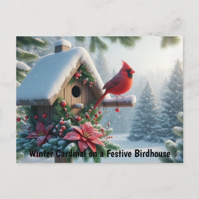 Winter Kardinal auf einem festlichen Geburtshaus Postkarte (Vorderseite)