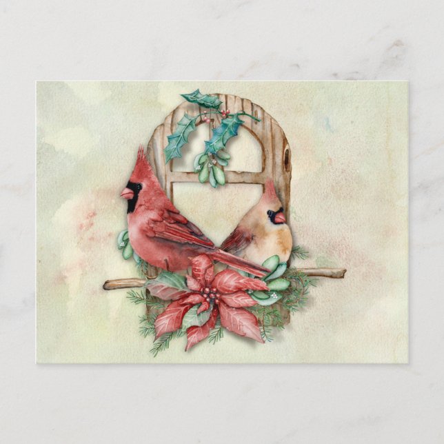 Winter-Kardinal verbinden sich mit Poinsettia Postkarte (Vorderseite)
