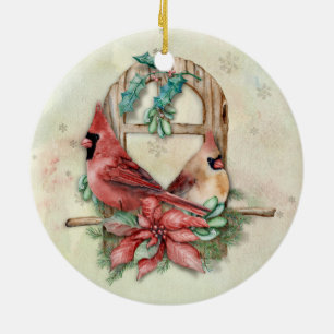 Winter-Kardinals-Paare mit Poinsettia Keramikornament