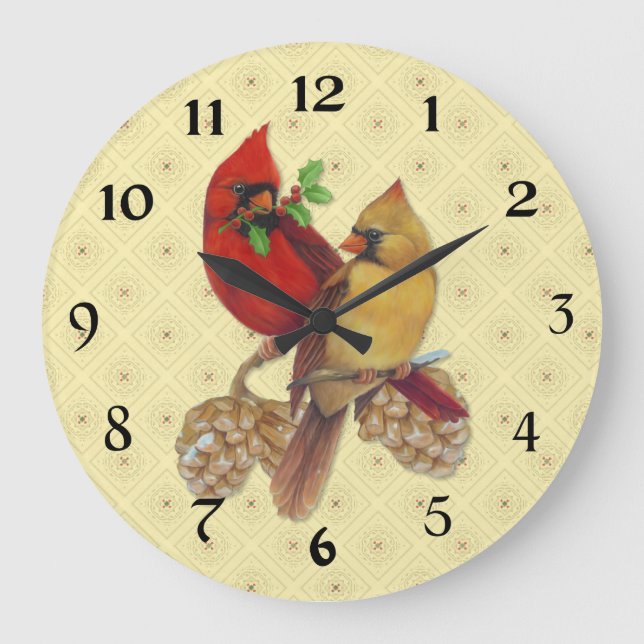 Winter Kardinals Pine und Holly Große Wanduhr (Vorderseite)