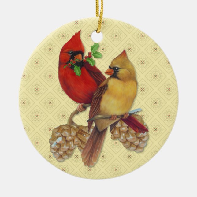 Winter Kardinals Pine und Holly Keramikornament (Vorne)