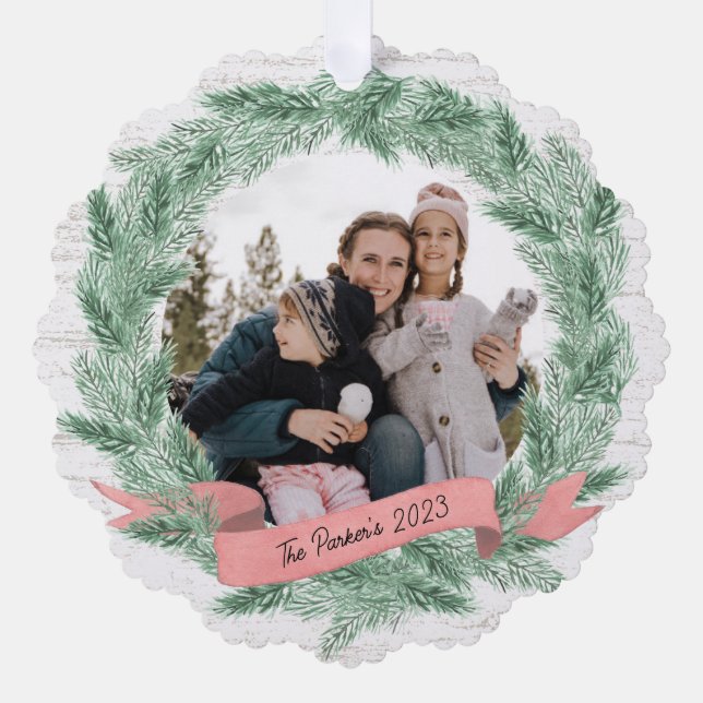 Winter Kiefer und Banner mit Foto Ornament Karte (Vorderseite)