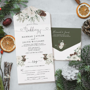 Winter-Kiefern-Hochzeit mit Rückantwort All In One Einladung