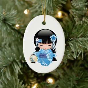 Winter Kokeshi Doll - Blue Kimono Geisha Girl Keramik Ornament