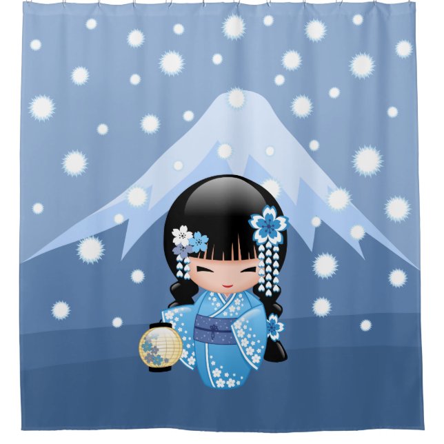 Winter Kokeshi Doll - Blue Mountain Geisha Girl Duschvorhang (Vorderseite)