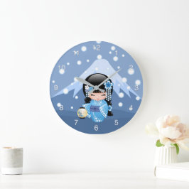 Winter Kokeshi Doll - Blue Mountain Geisha Girl Große Wanduhr