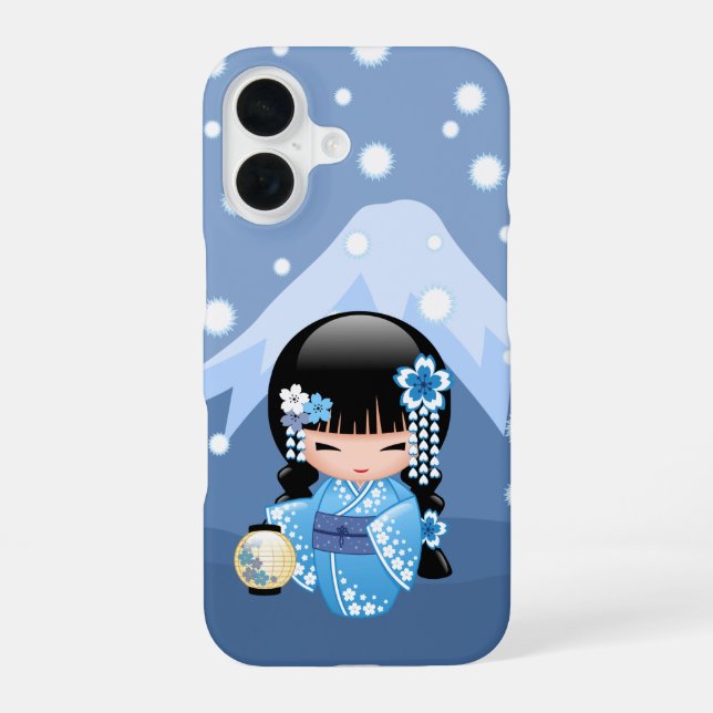 Winter Kokeshi Doll - Blue Mountain Geisha Girl iPhone 16 Hülle (Rückseite)